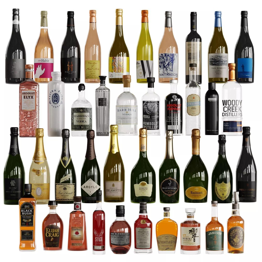 Alcohol Bottles 3D Model – Low Poly Collection of 40 Varieties, FBX - View 2