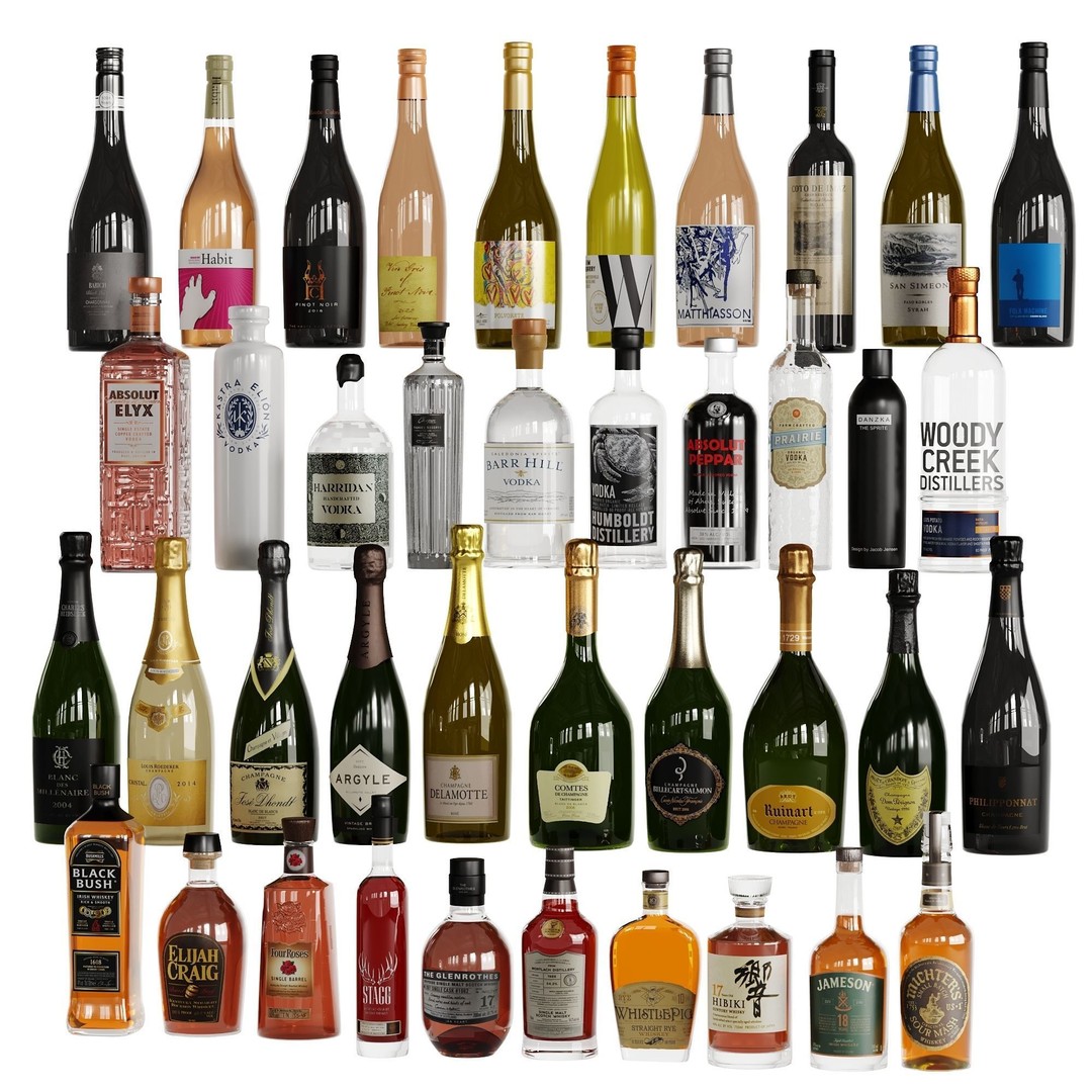 Alcohol Bottles 3D Model – Low Poly Collection of 40 Varieties, FBX - View 3