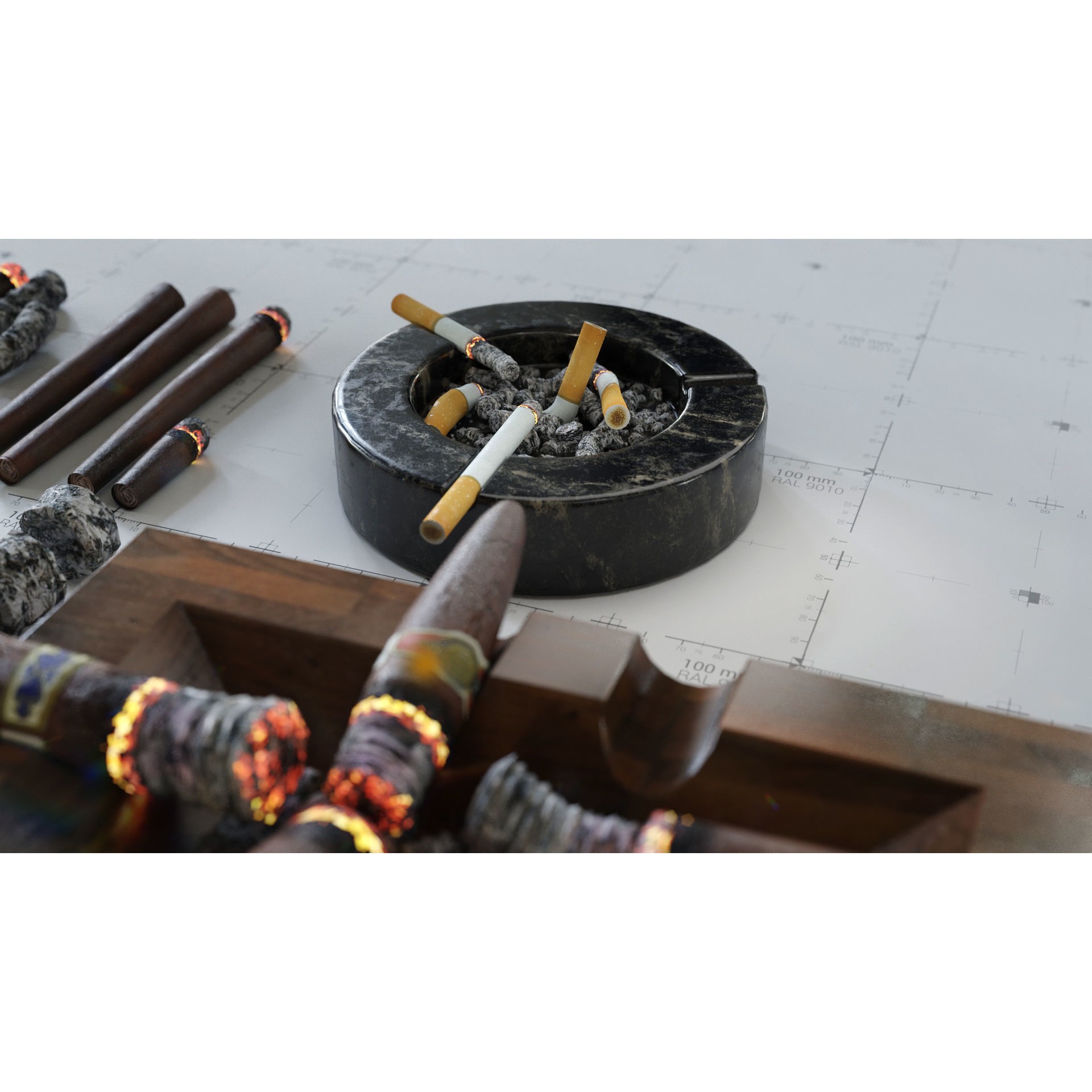 Cigars, Cigarettes, Joints & Ashtrays - Low-Poly Game-Ready 3D Model