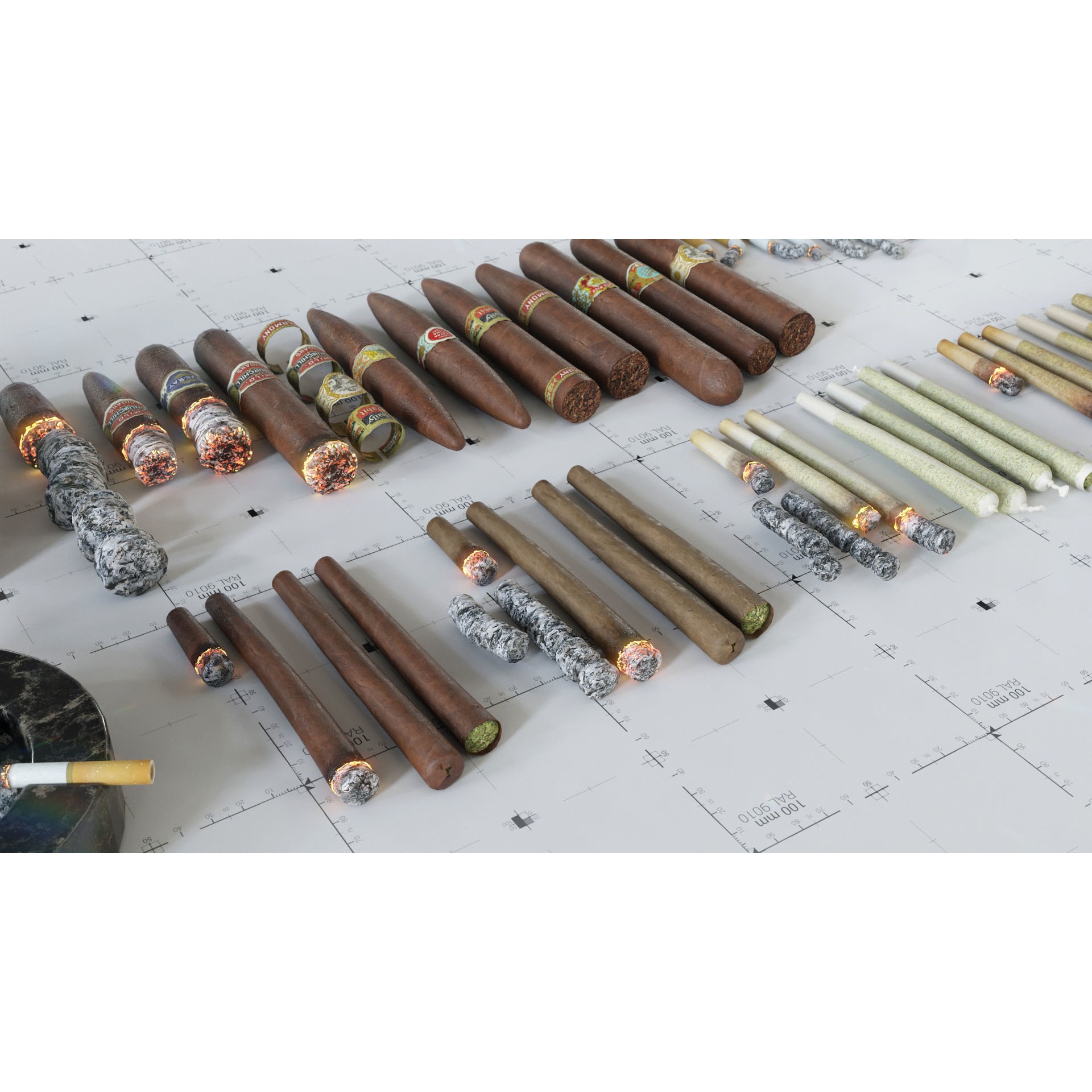 Cigars, Cigarettes, Joints & Ashtrays - Low-Poly Game-Ready 3D Model - View 12