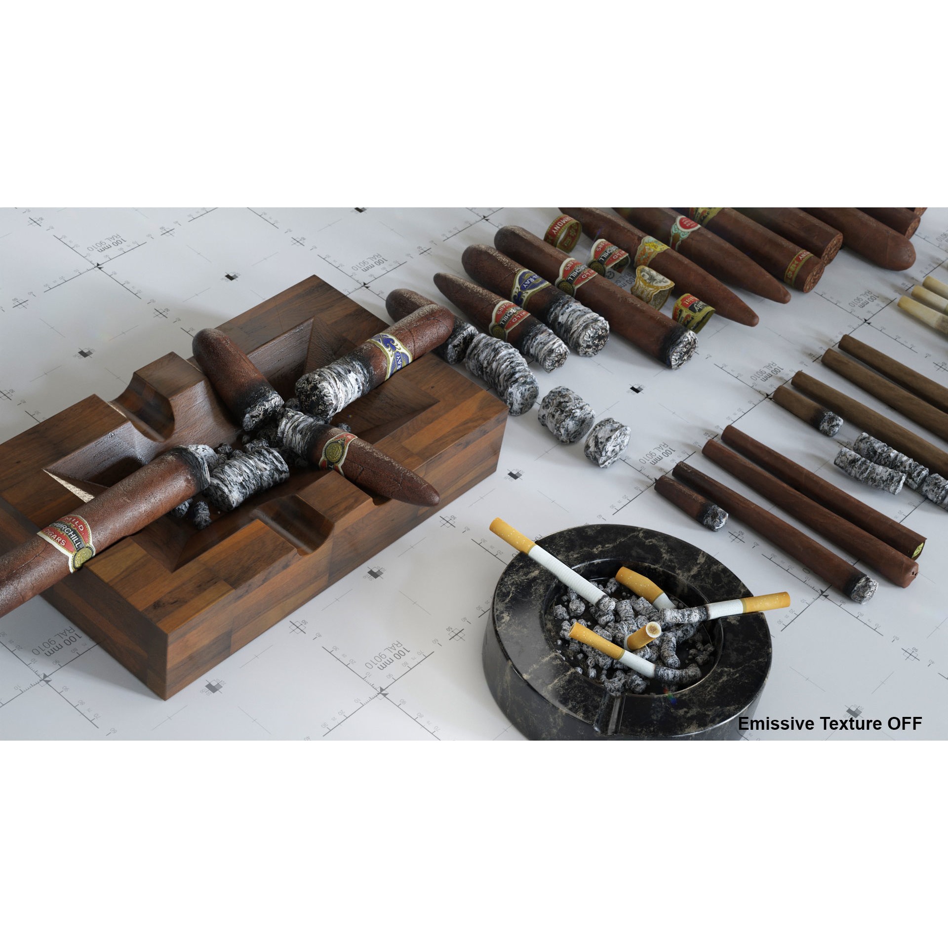 Cigars, Cigarettes, Joints & Ashtrays - Low-Poly Game-Ready 3D Model - View 6