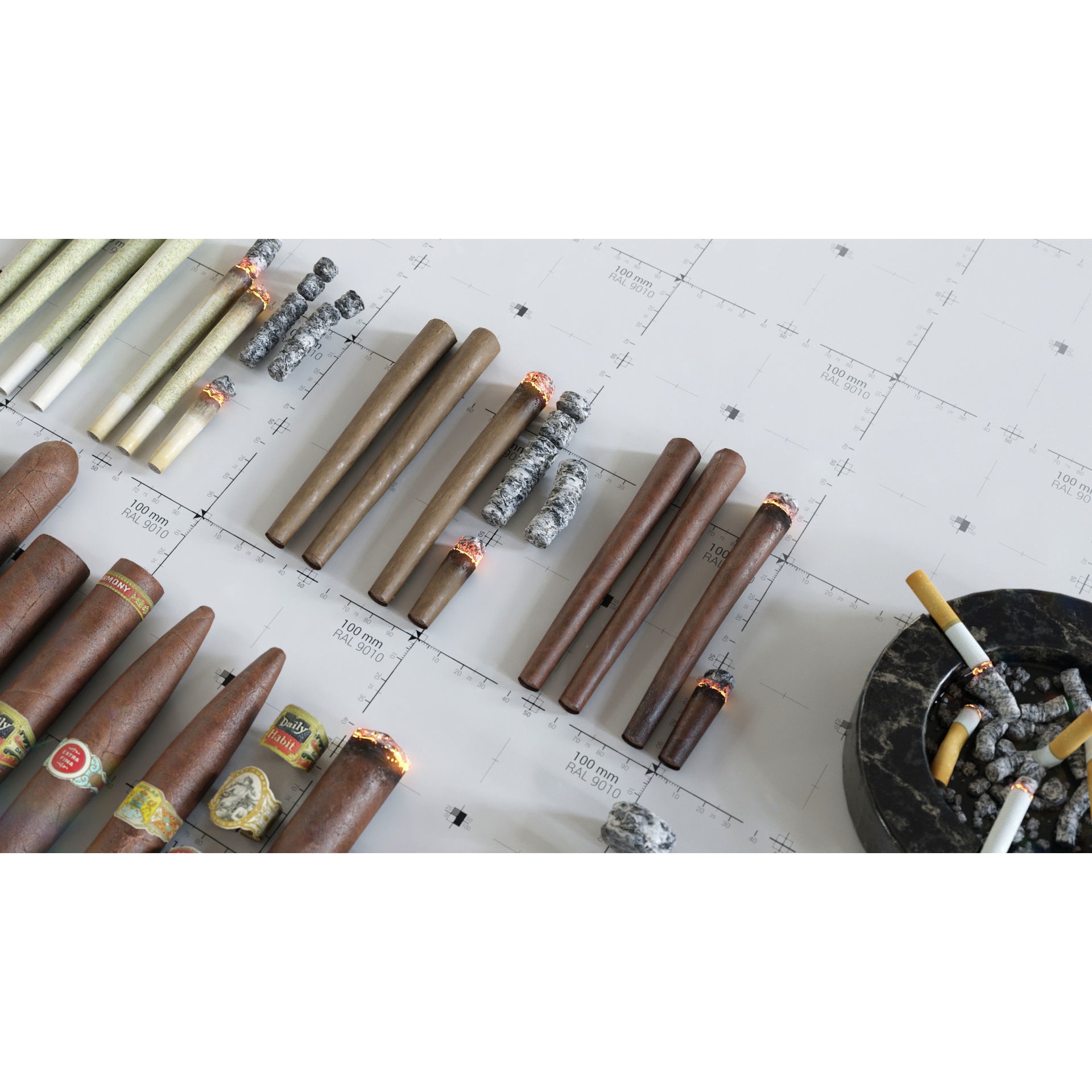 Cigars, Cigarettes, Joints & Ashtrays - Low-Poly Game-Ready 3D Model - View 9