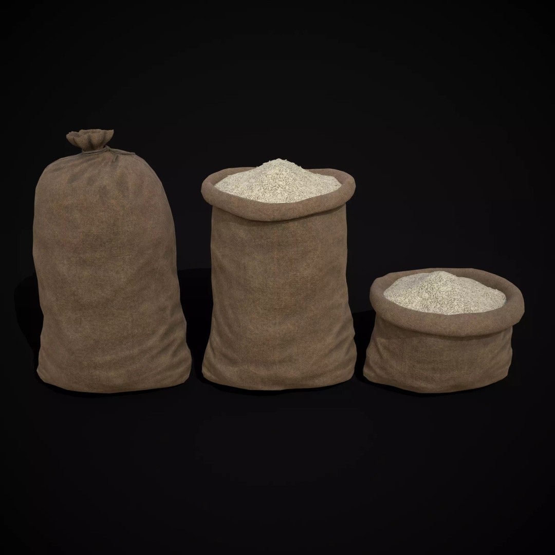 Burlap Sacks of Rice 3D Model – Low Poly PBR Game Asset, FBX, OBJ - View 2