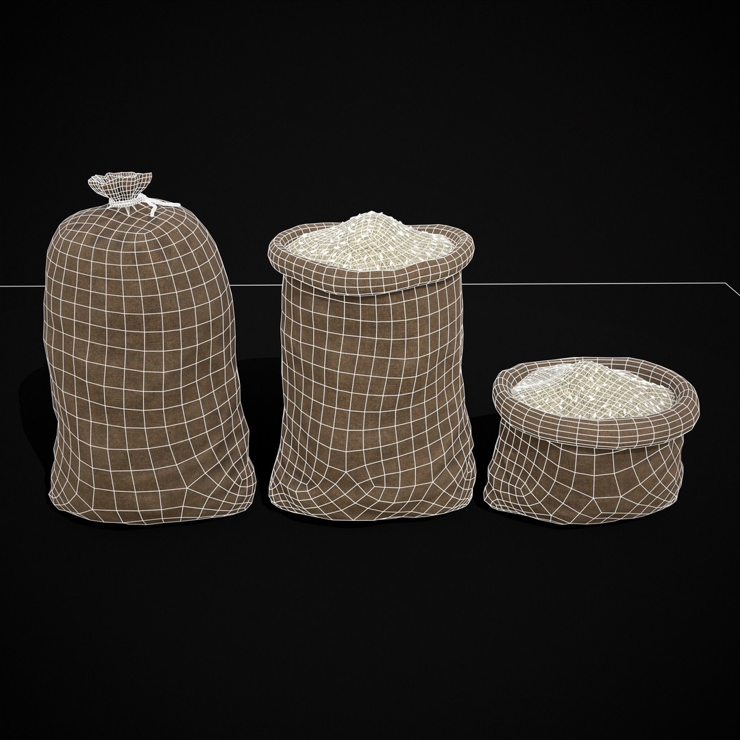 Burlap Sacks of Rice 3D Model – Low Poly PBR Game Asset, FBX, OBJ - View 3
