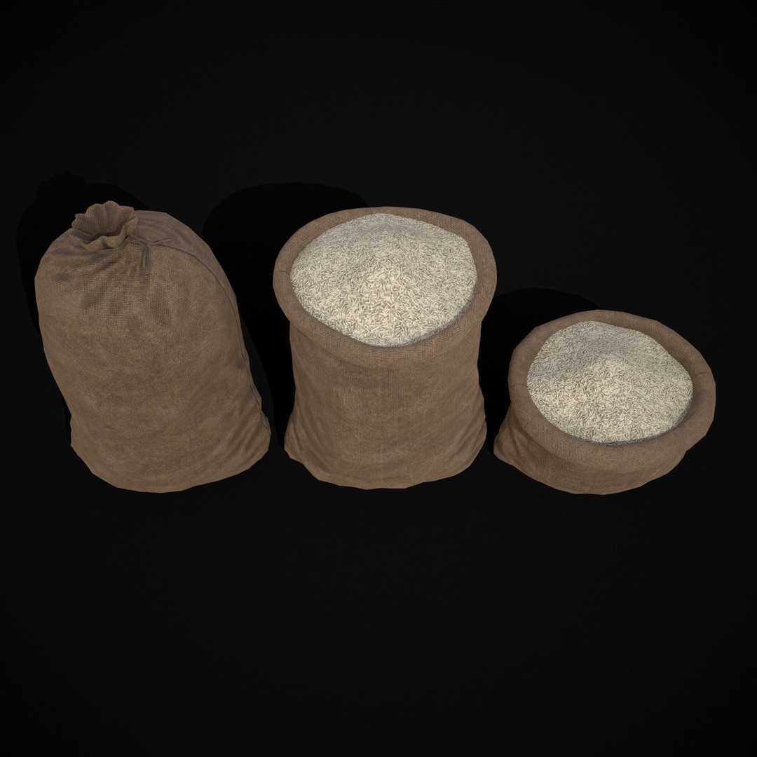 Burlap Sacks of Rice 3D Model – Low Poly PBR Game Asset, FBX, OBJ - View 4