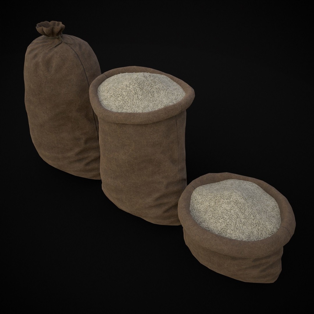 Burlap Sacks of Rice 3D Model – Low Poly PBR Game Asset, FBX, OBJ - View 8