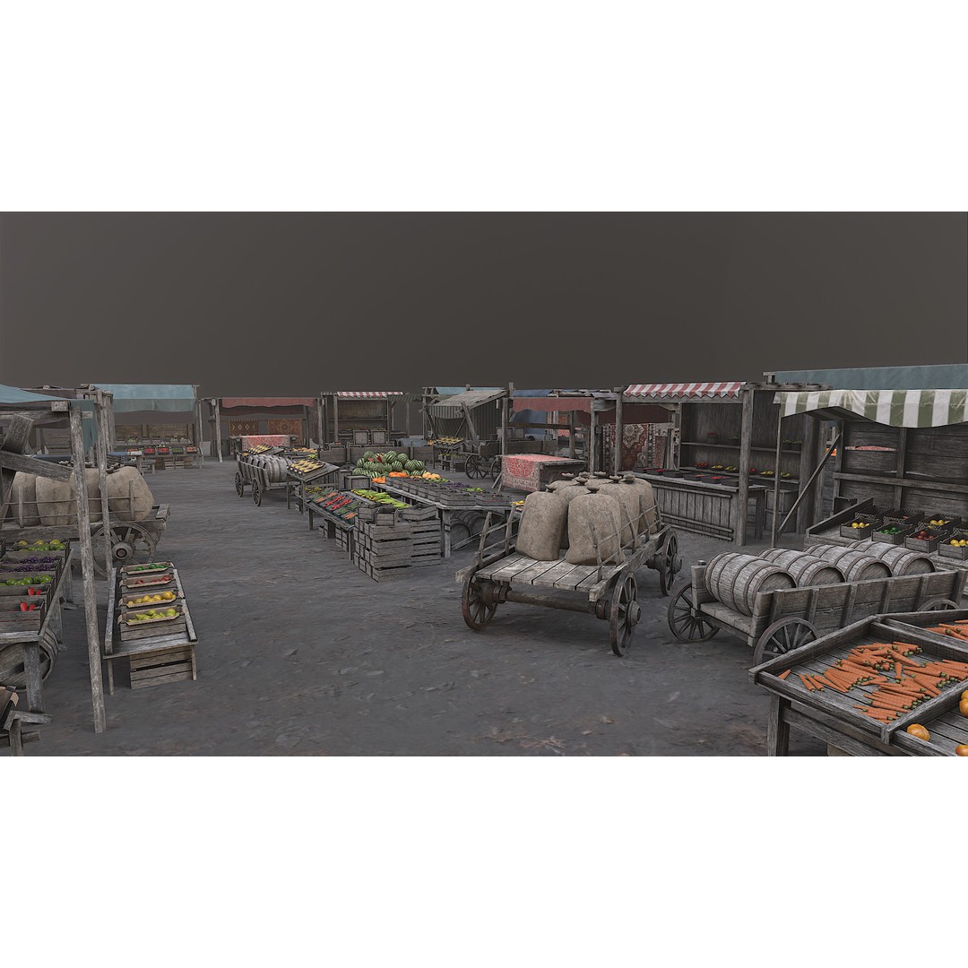 Medieval Market 3D Model – Low Poly PBR Asset, FBX & OBJ Formats - View 10