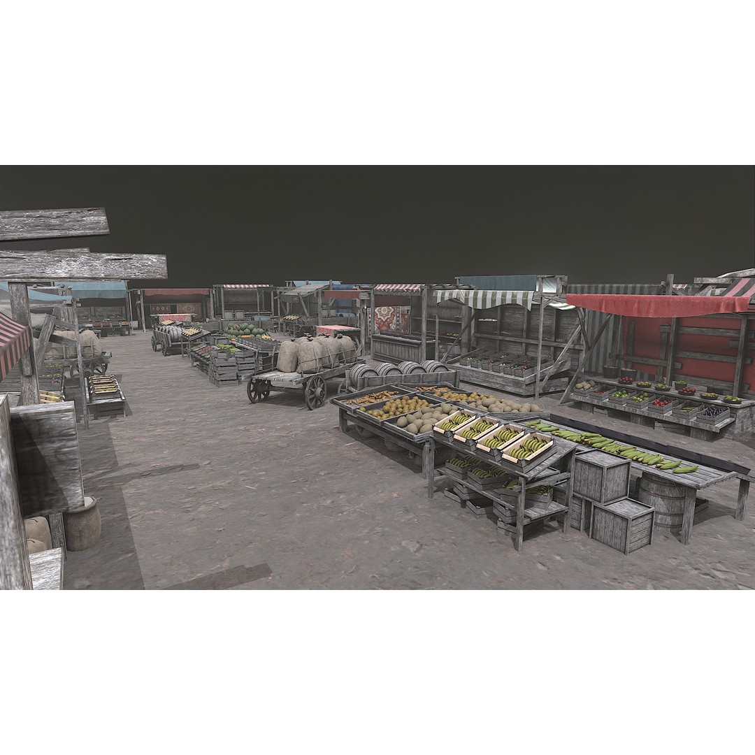 Medieval Market 3D Model – Low Poly PBR Asset, FBX & OBJ Formats - View 11