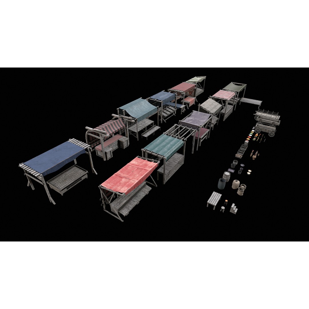 Medieval Market 3D Model – Low Poly PBR Asset, FBX & OBJ Formats - View 13