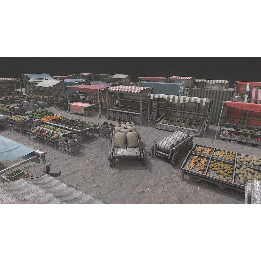 Medieval Market 3D Model – Low Poly PBR Asset, FBX & OBJ Formats - View 2