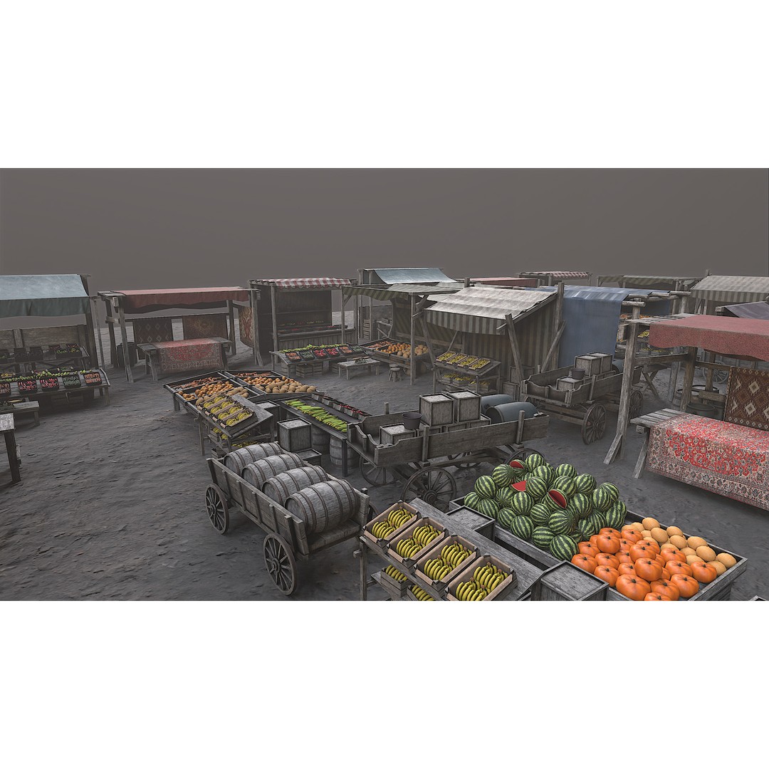 Medieval Market 3D Model – Low Poly PBR Asset, FBX & OBJ Formats - View 3