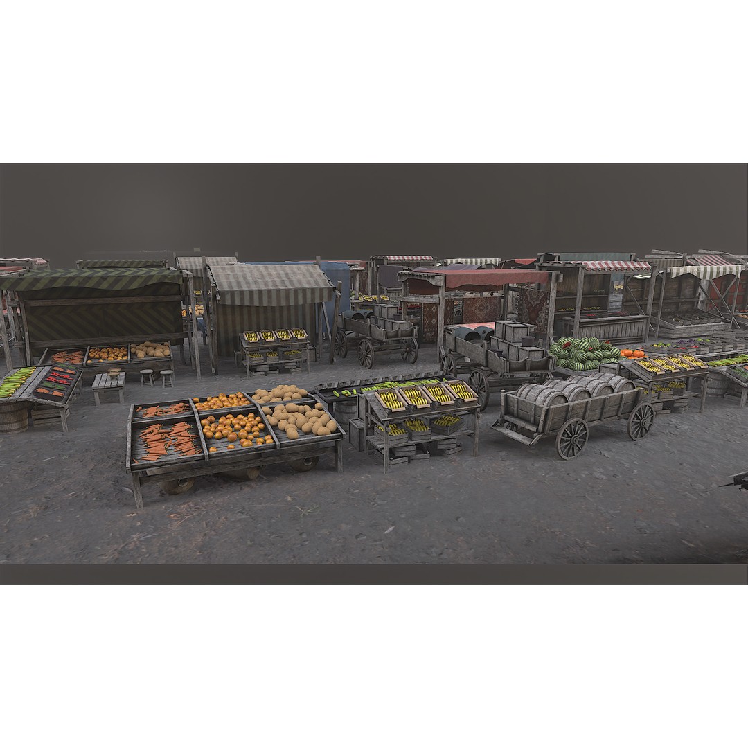 Medieval Market 3D Model – Low Poly PBR Asset, FBX & OBJ Formats - View 33