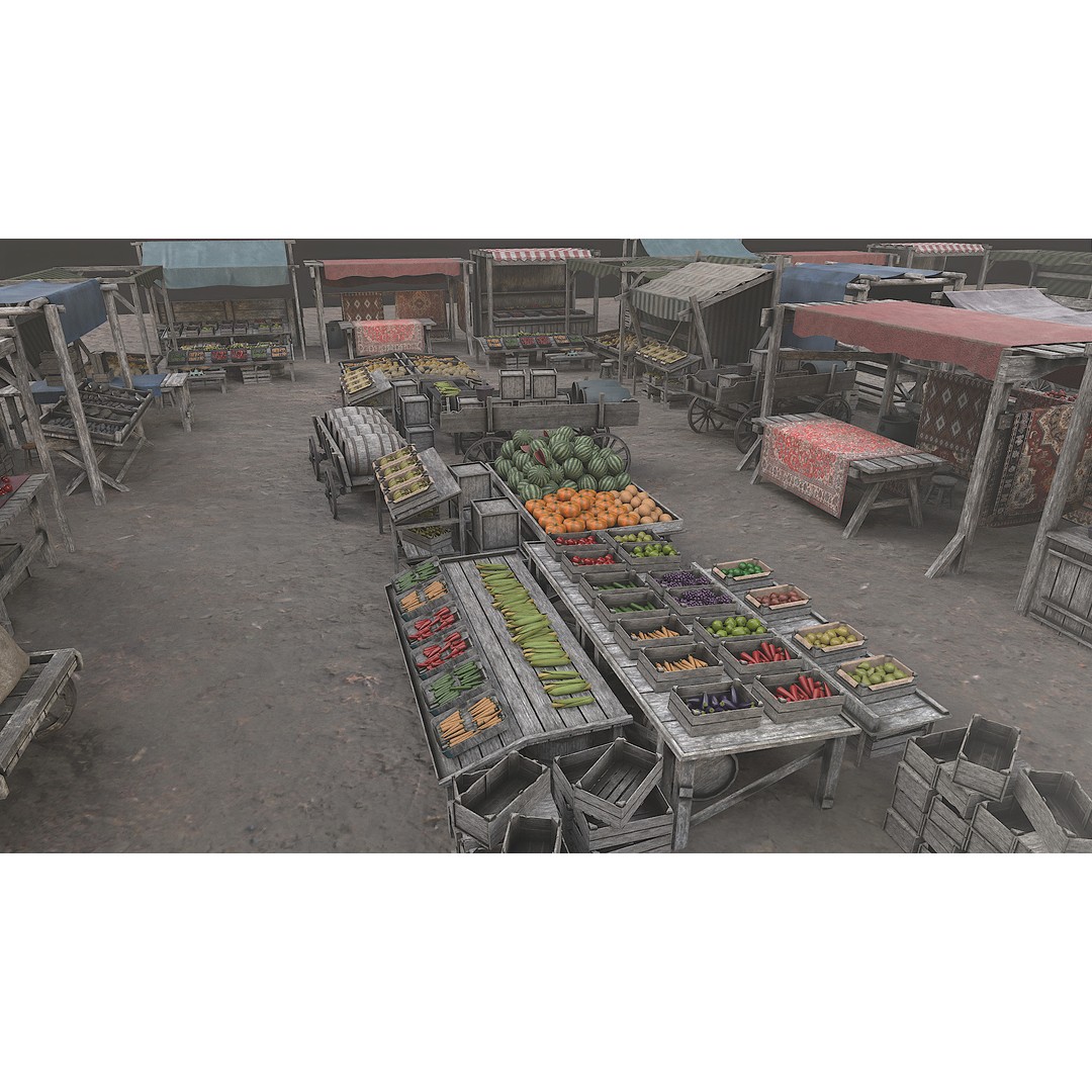 Medieval Market 3D Model – Low Poly PBR Asset, FBX & OBJ Formats - View 34