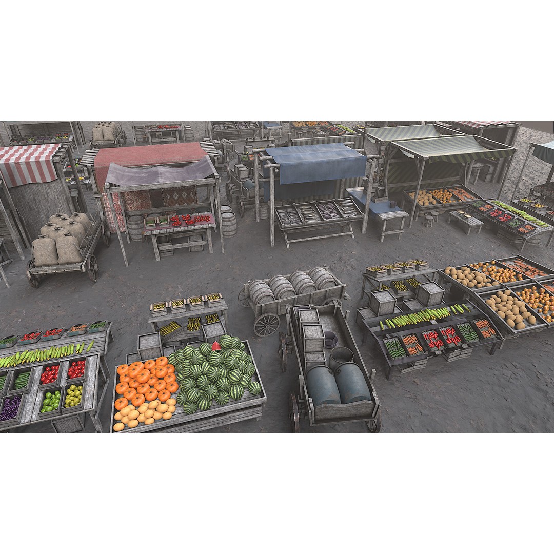 Medieval Market 3D Model – Low Poly PBR Asset, FBX & OBJ Formats - View 36