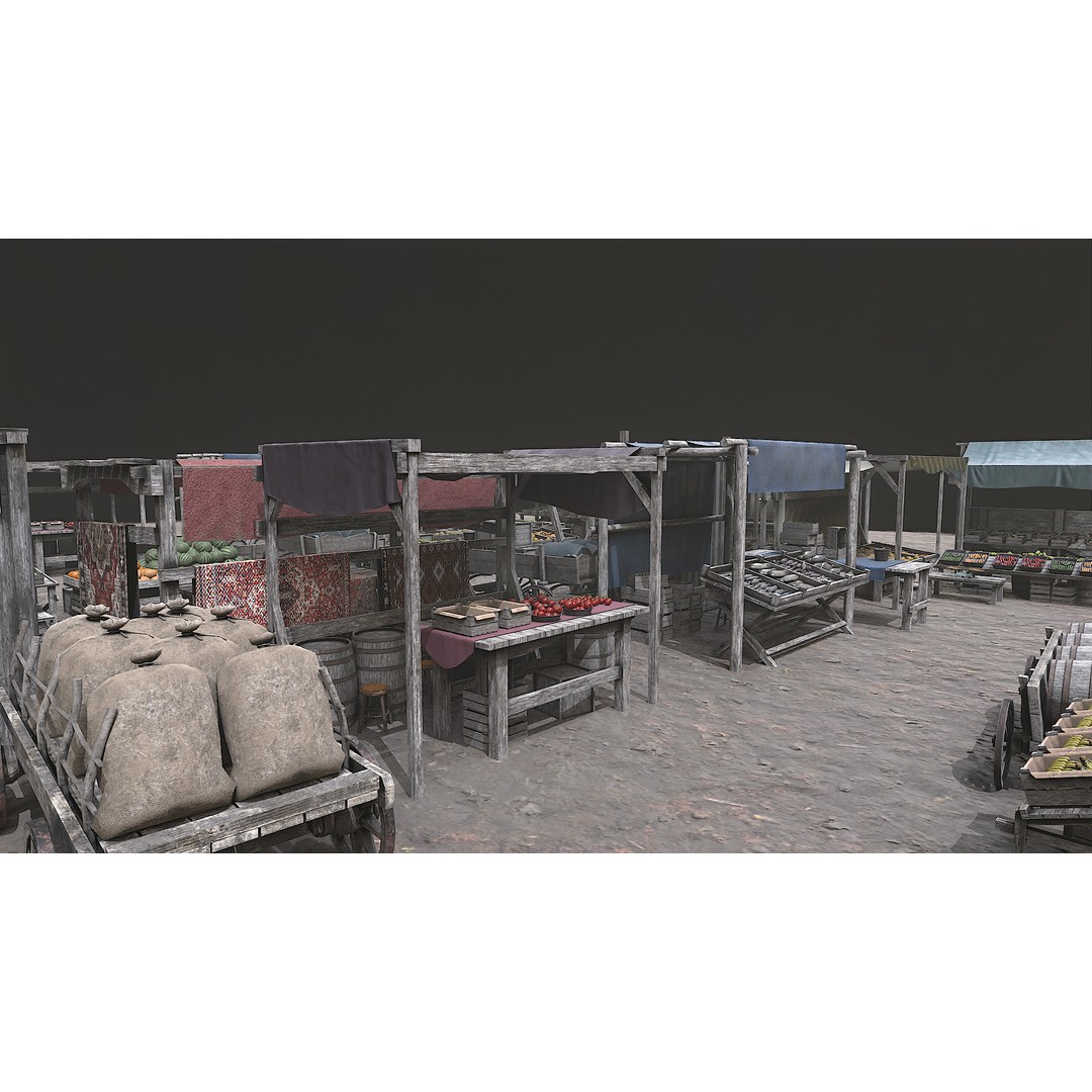 Medieval Market 3D Model – Low Poly PBR Asset, FBX & OBJ Formats - View 37