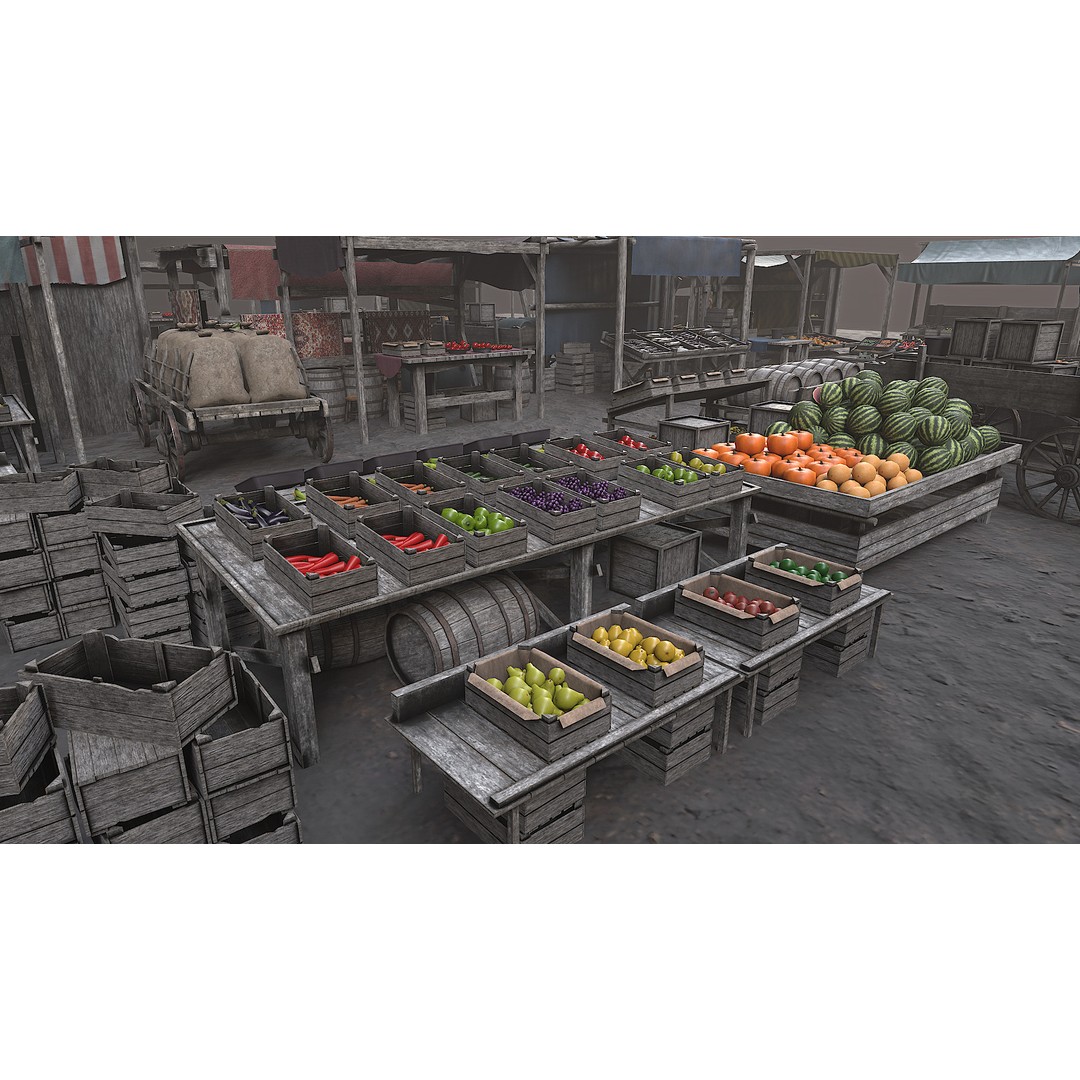 Medieval Market 3D Model – Low Poly PBR Asset, FBX & OBJ Formats - View 38