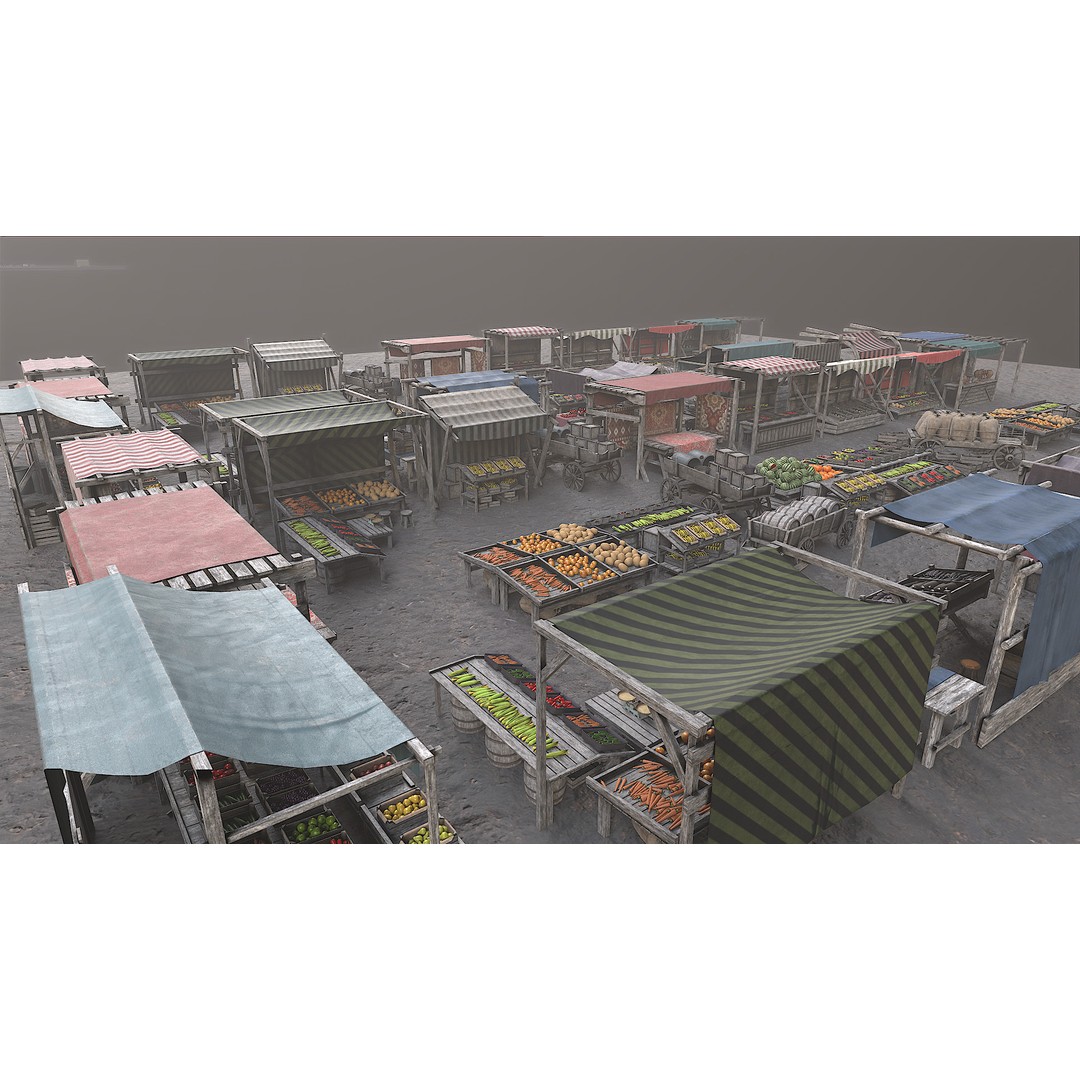 Medieval Market 3D Model – Low Poly PBR Asset, FBX & OBJ Formats - View 4