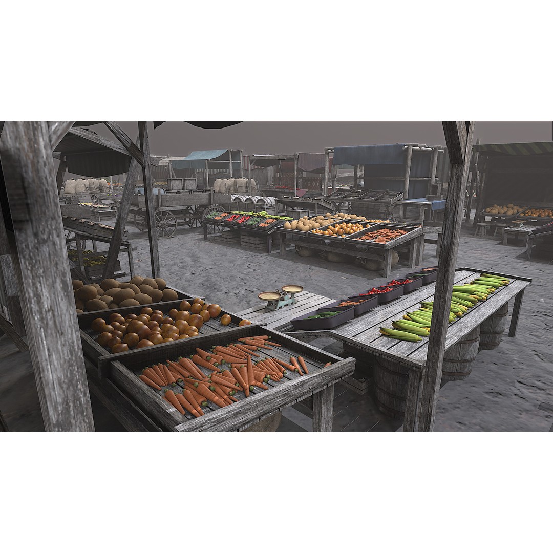 Medieval Market 3D Model – Low Poly PBR Asset, FBX & OBJ Formats - View 42