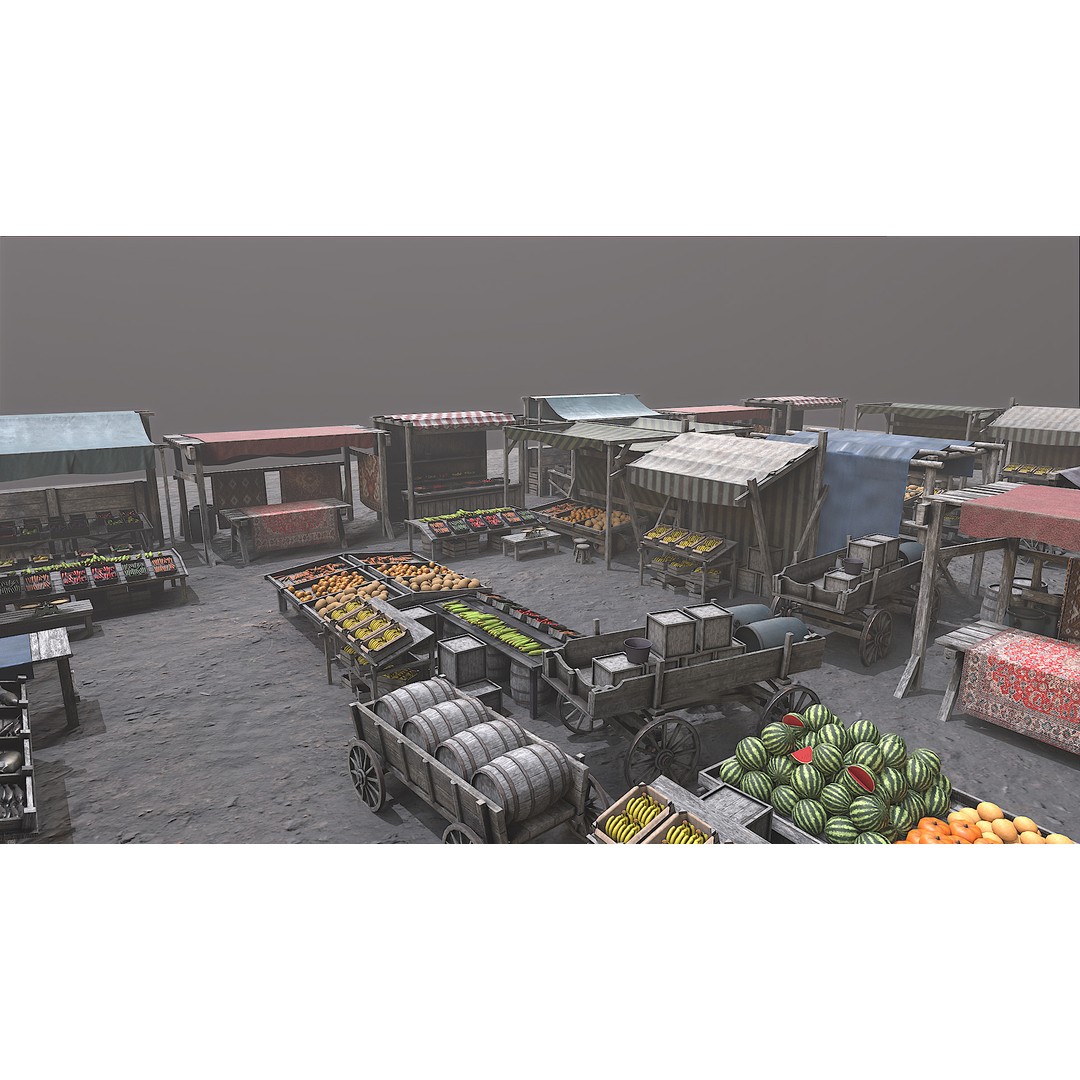 Medieval Market 3D Model – Low Poly PBR Asset, FBX & OBJ Formats - View 44