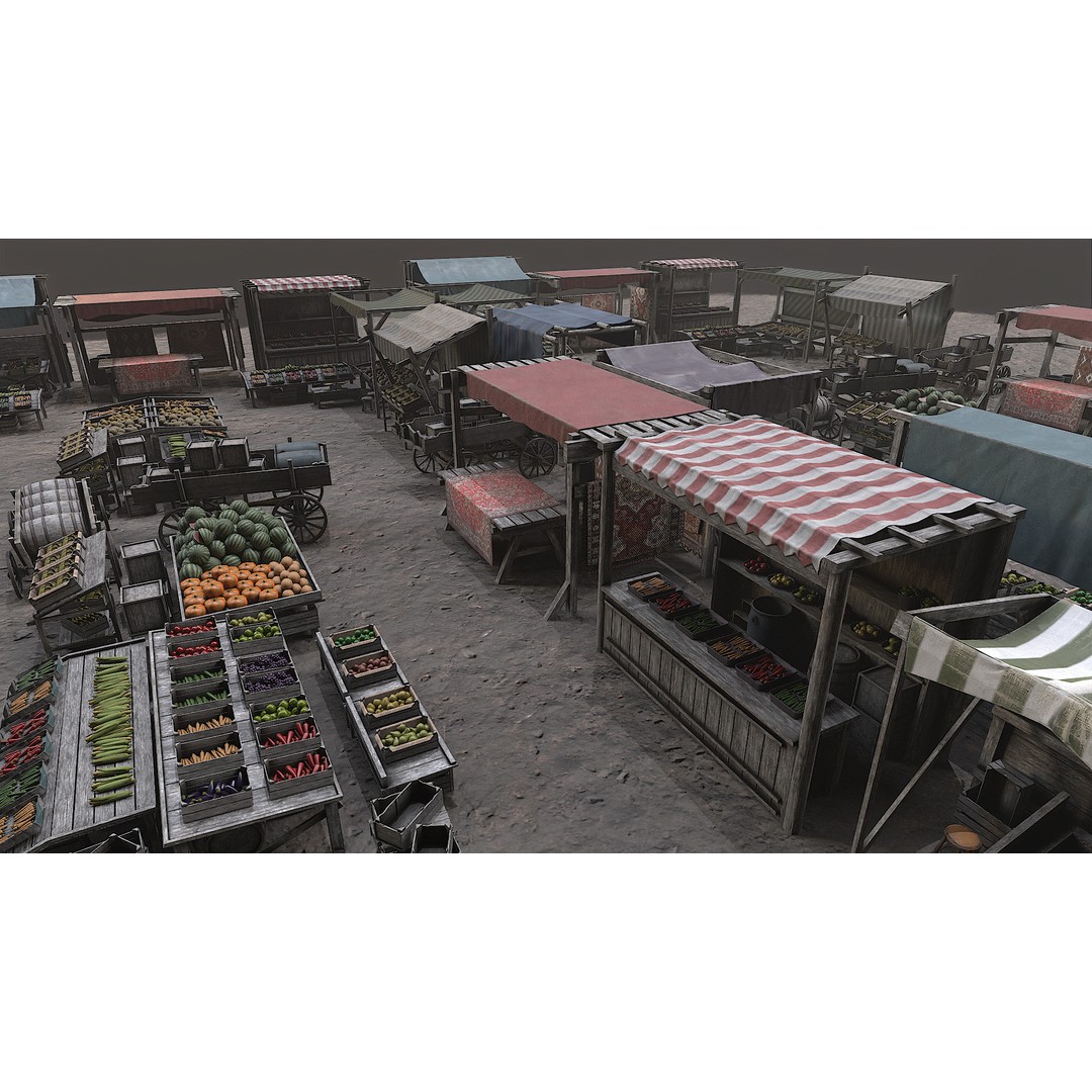 Medieval Market 3D Model – Low Poly PBR Asset, FBX & OBJ Formats - View 45