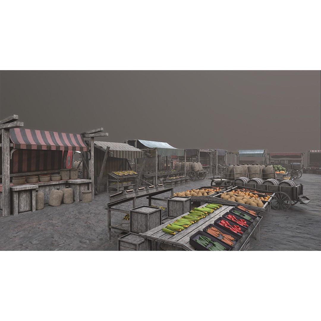 Medieval Market 3D Model – Low Poly PBR Asset, FBX & OBJ Formats - View 49