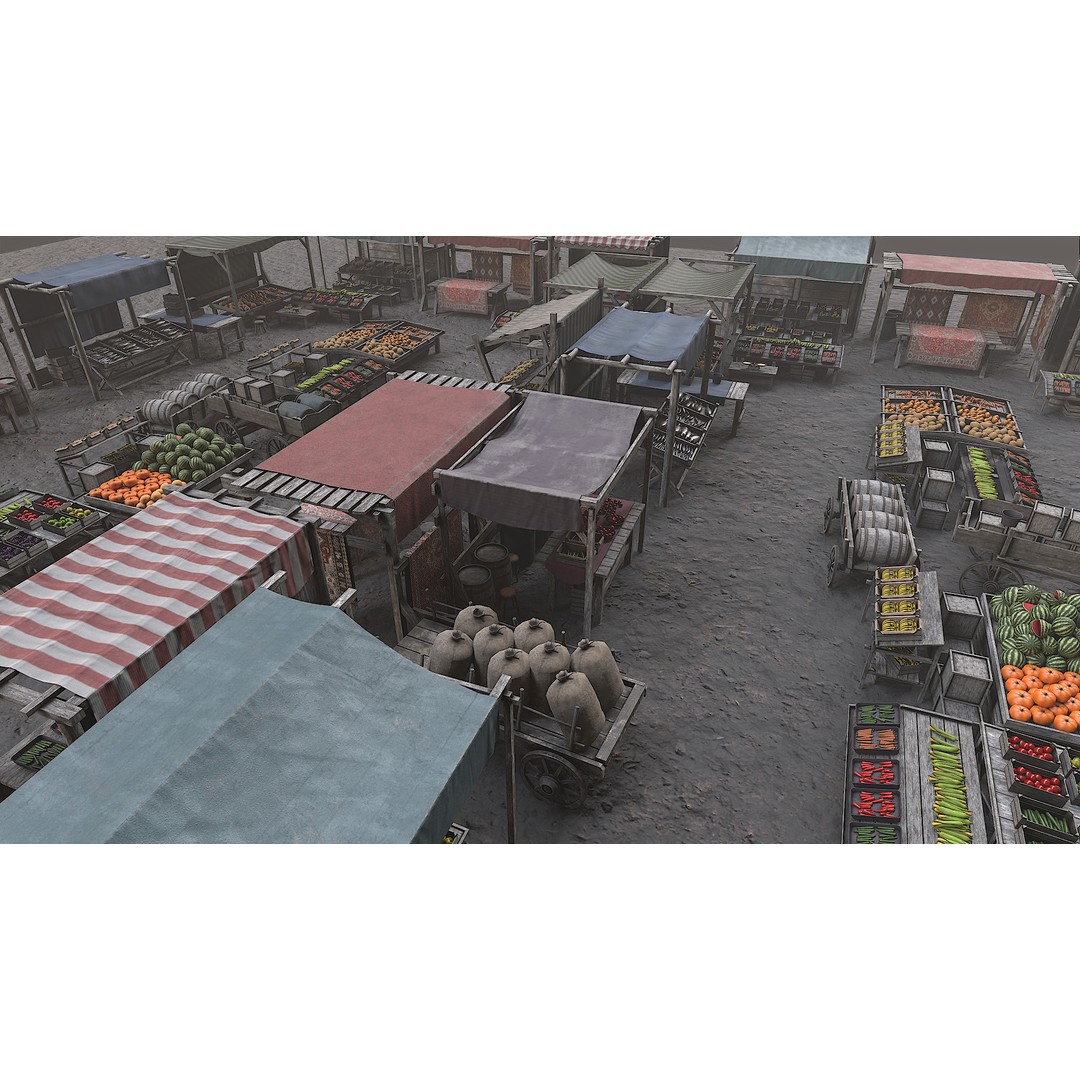 Medieval Market 3D Model – Low Poly PBR Asset, FBX & OBJ Formats - View 5