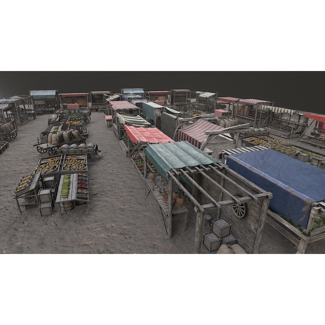 Medieval Market 3D Model – Low Poly PBR Asset, FBX & OBJ Formats - View 50