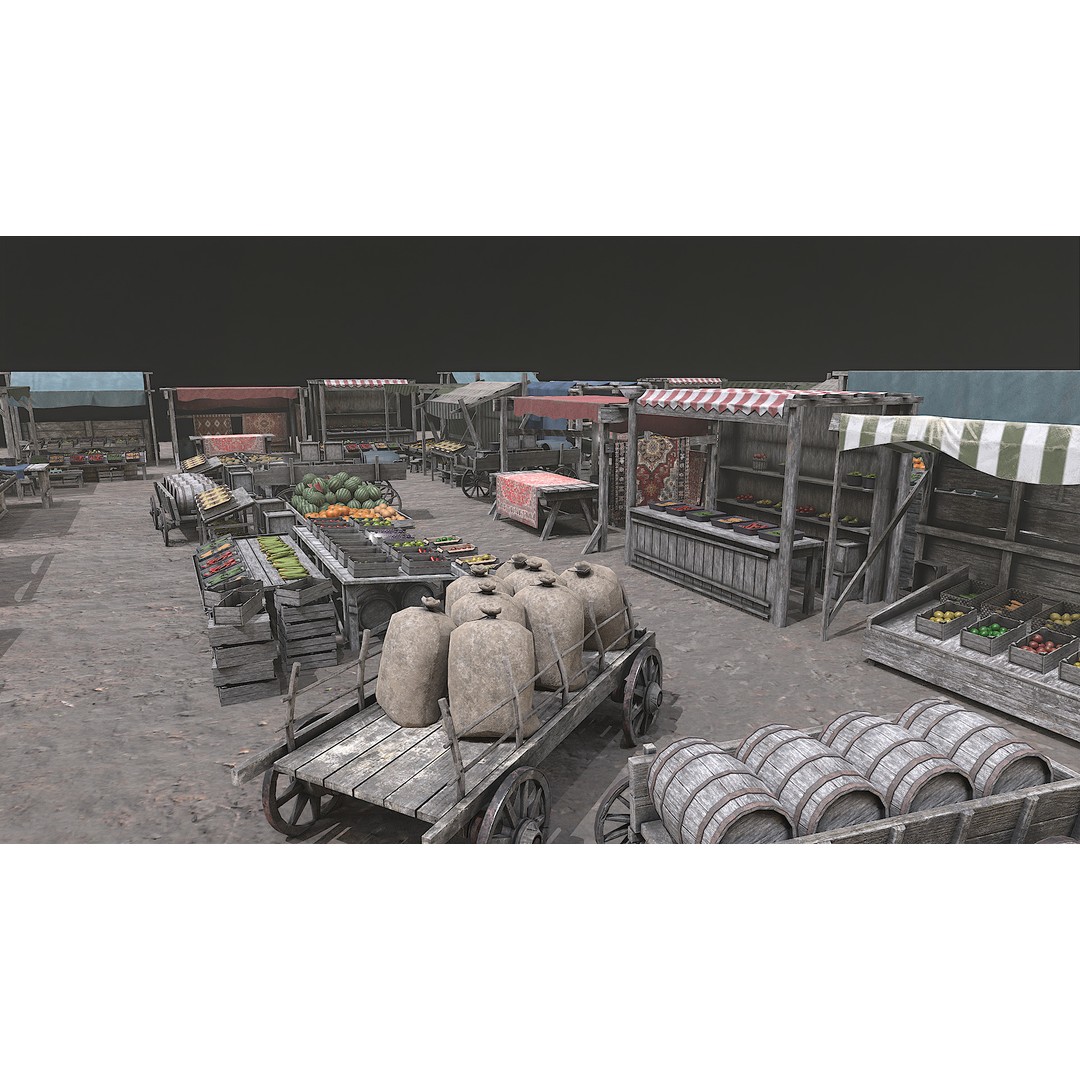 Medieval Market 3D Model – Low Poly PBR Asset, FBX & OBJ Formats - View 6