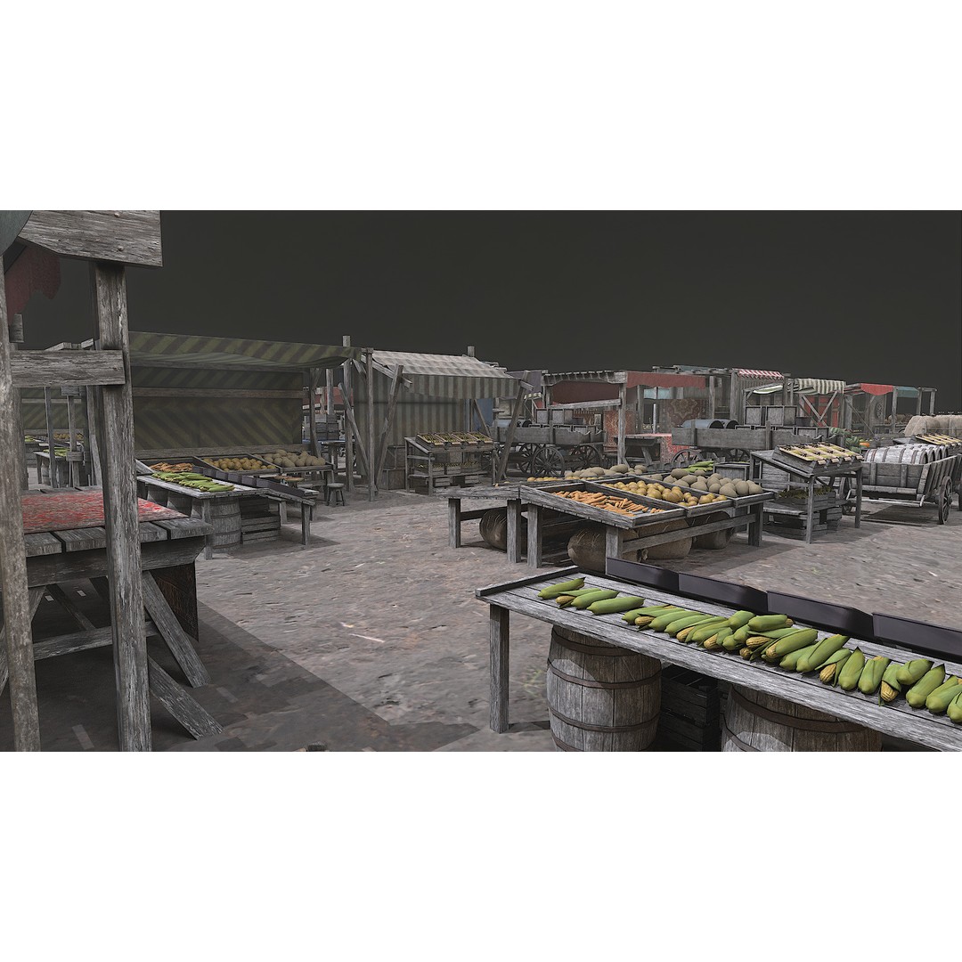 Medieval Market 3D Model – Low Poly PBR Asset, FBX & OBJ Formats - View 7
