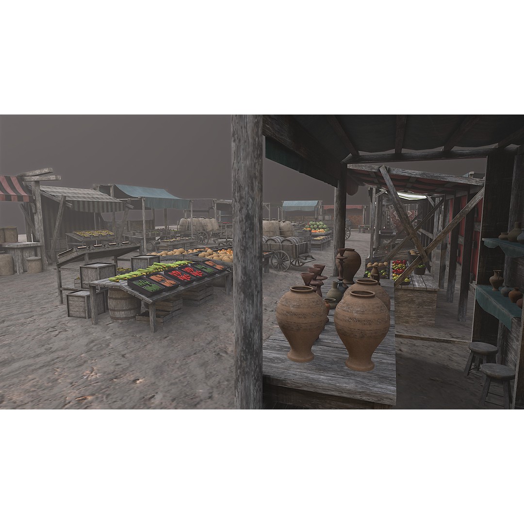 Medieval Market 3D Model – Low Poly PBR Asset, FBX & OBJ Formats - View 8