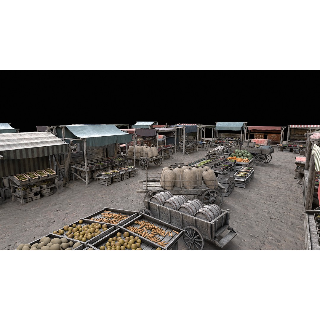 Medieval Market 3D Model – Low Poly PBR Asset, FBX & OBJ Formats - View 9