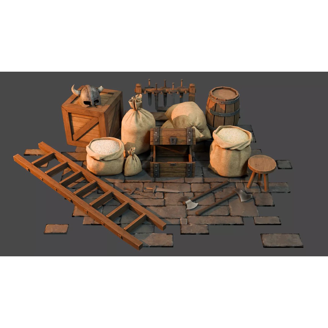 Medieval Props 3D Model – Low Poly Game-Ready Assets, FBX - View 2