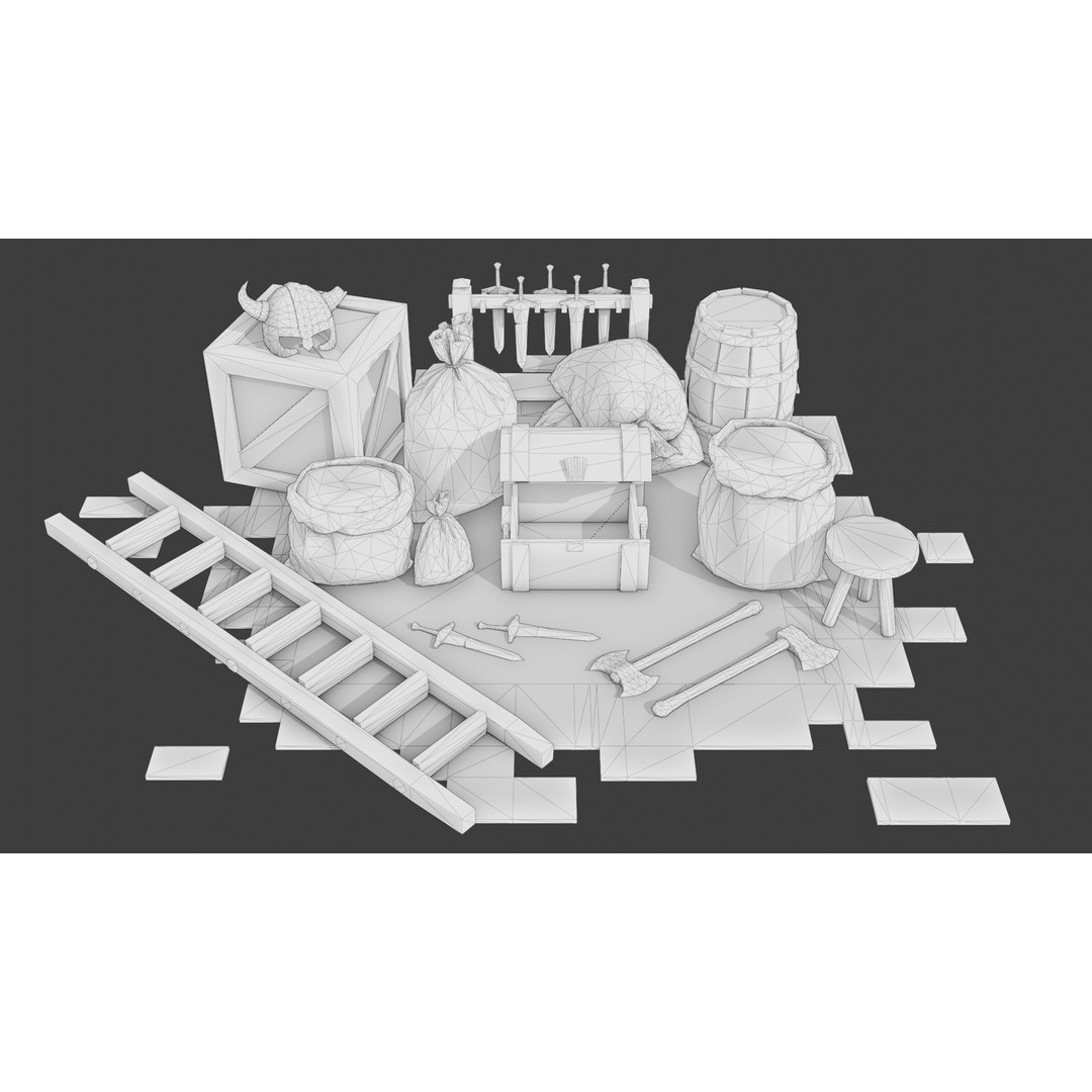Medieval Props 3D Model – Low Poly Game-Ready Assets, FBX - View 3