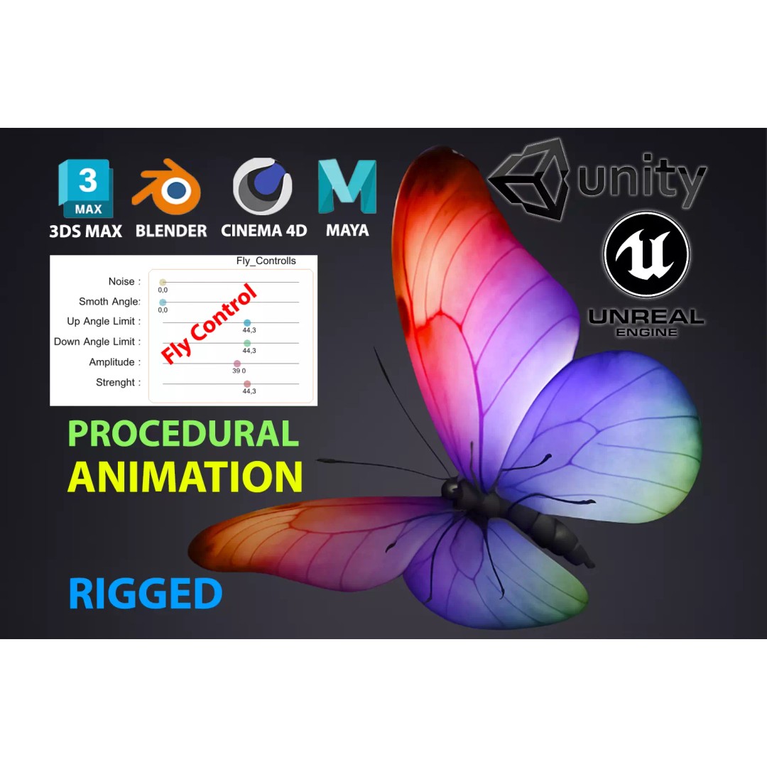 Butterfly 3D Model – Low Poly Rigged Animation for Unity, FBX - View 3
