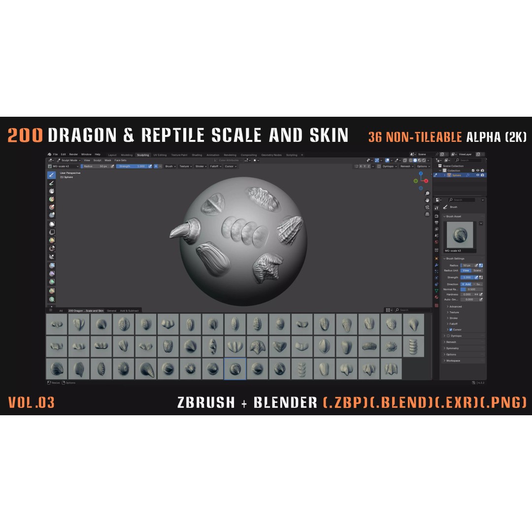 Dragon & Reptile Scale 3D Model – VDM & Alpha Brushes, Blender, ZBrush