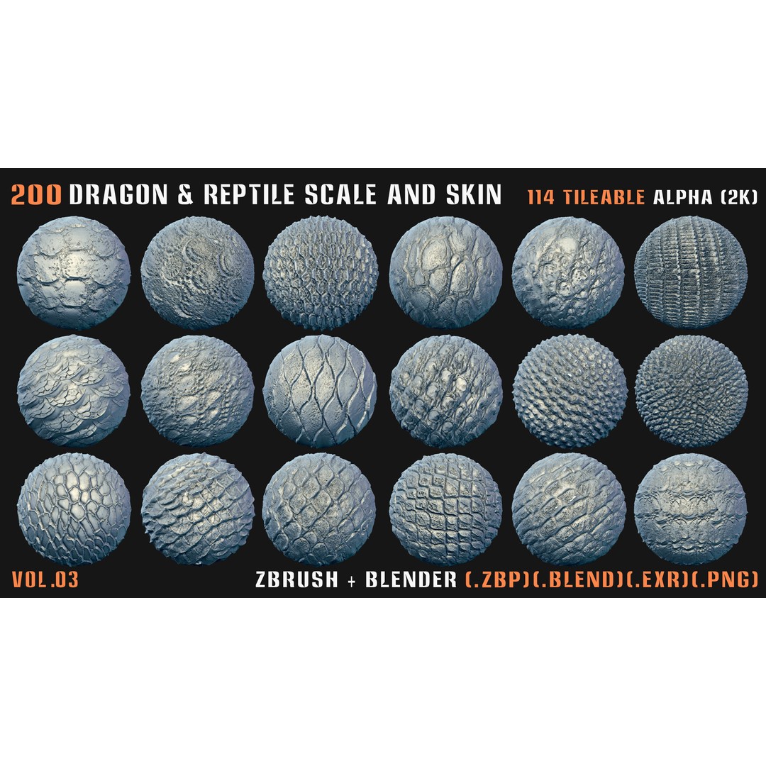 Dragon & Reptile Scale 3D Model – VDM & Alpha Brushes, Blender, ZBrush - View 11