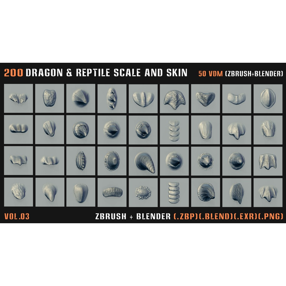 Dragon & Reptile Scale 3D Model – VDM & Alpha Brushes, Blender, ZBrush - View 3