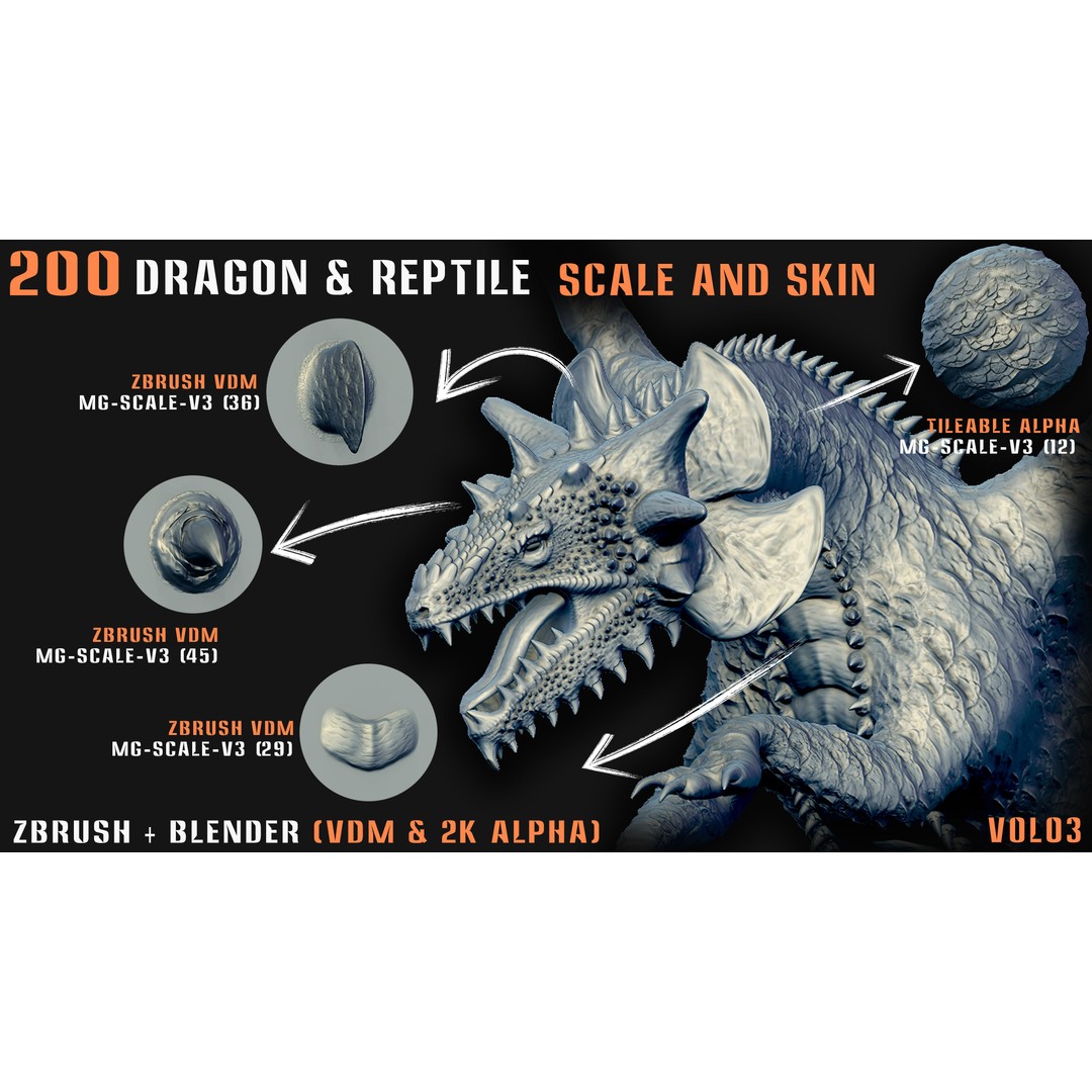 Dragon & Reptile Scale 3D Model – VDM & Alpha Brushes, Blender, ZBrush - View 5