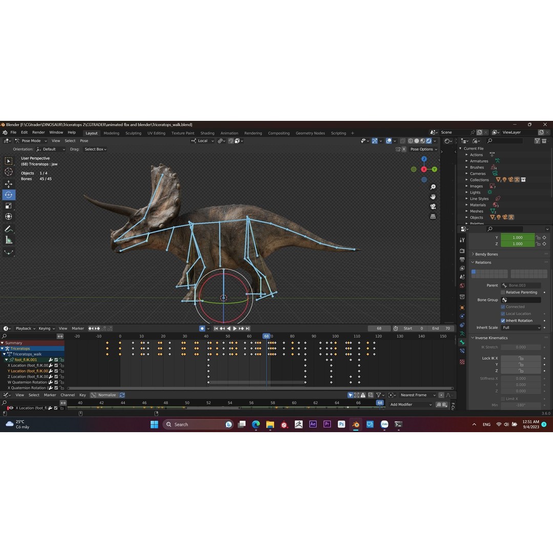 Triceratops 3D Model – Low Poly Rigged Dinosaur with Animations - View 13