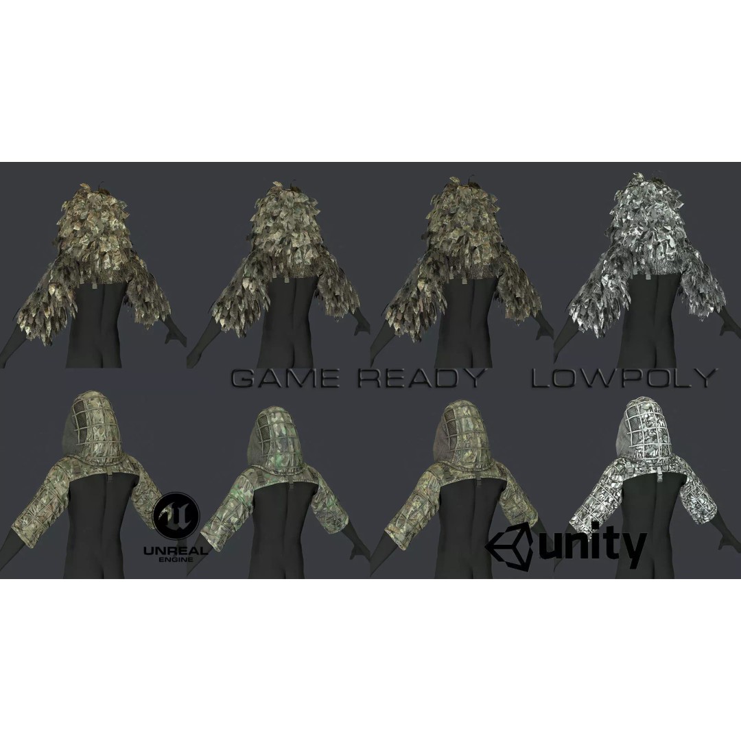 Viper 2 Ghillie Hood 3D Model – Low Poly Tactical Asset, FBX, OBJ - View 2