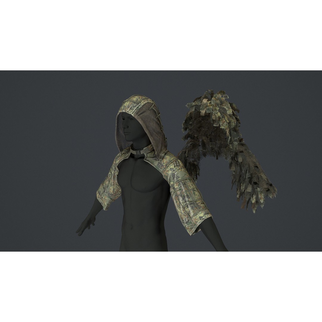 Viper 2 Ghillie Hood 3D Model – Low Poly Tactical Asset, FBX, OBJ - View 4