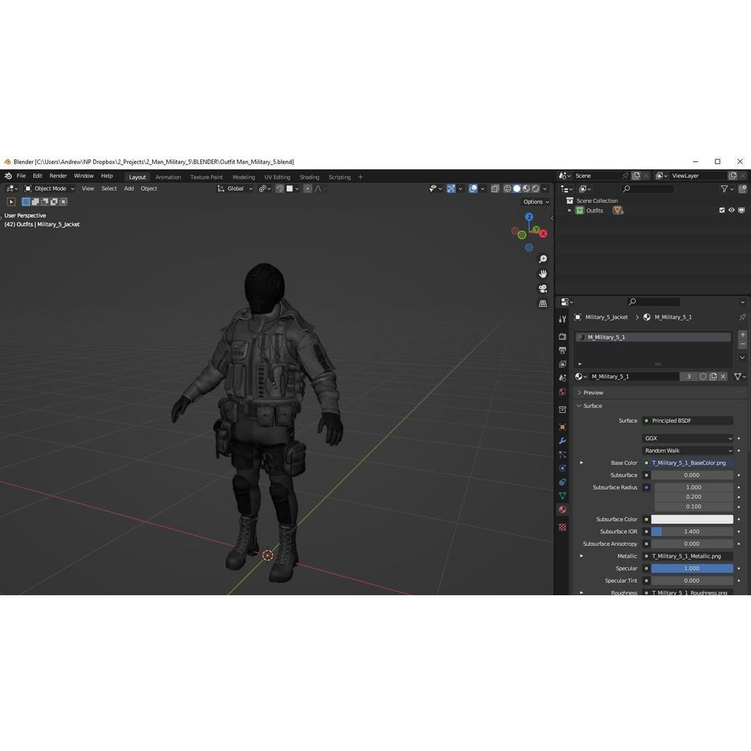 Male Military Outfit 5 3D Model – Low Poly Rigged Game Asset, FBX, Blender