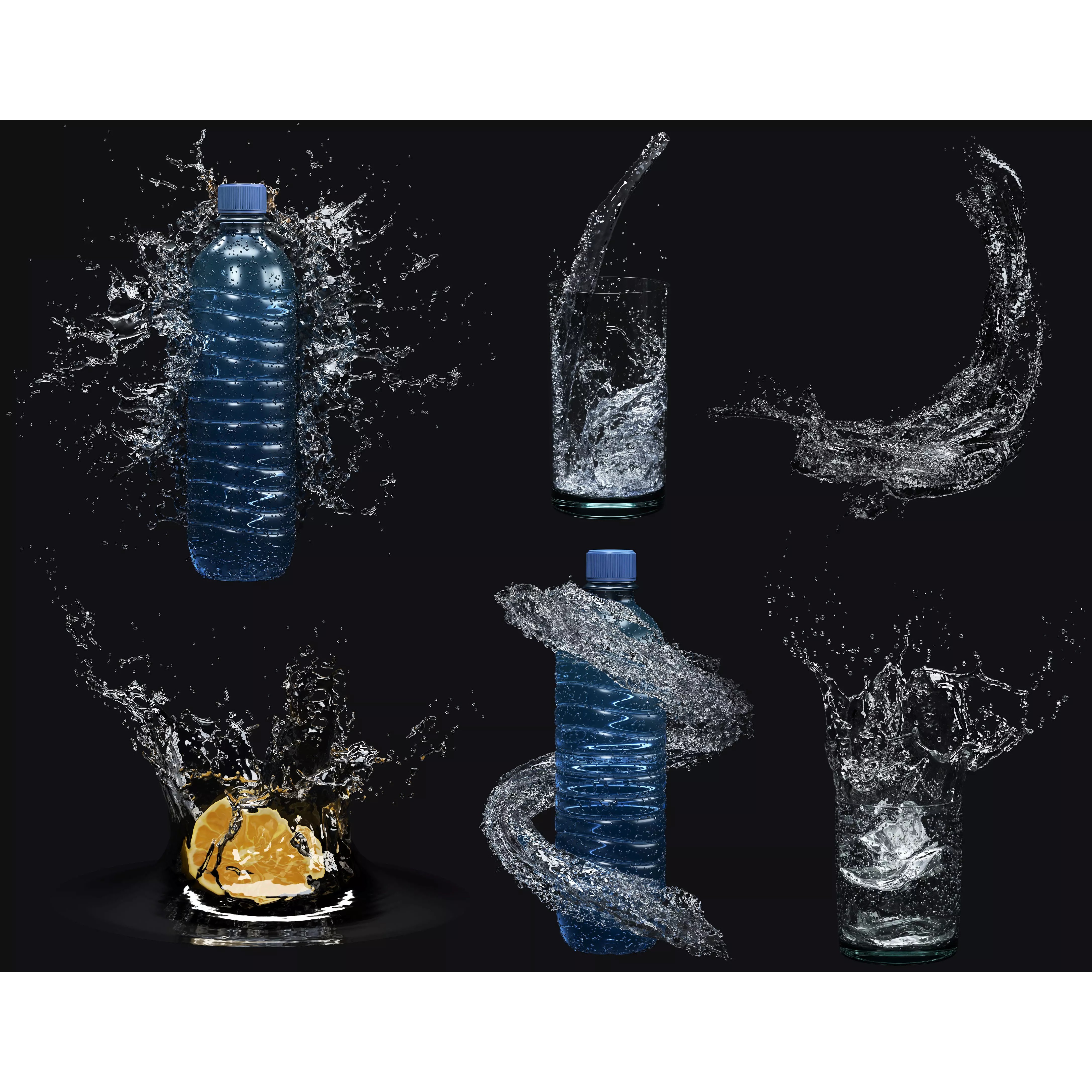 Six Water Splashes - Game-Ready 3D Model - View 2