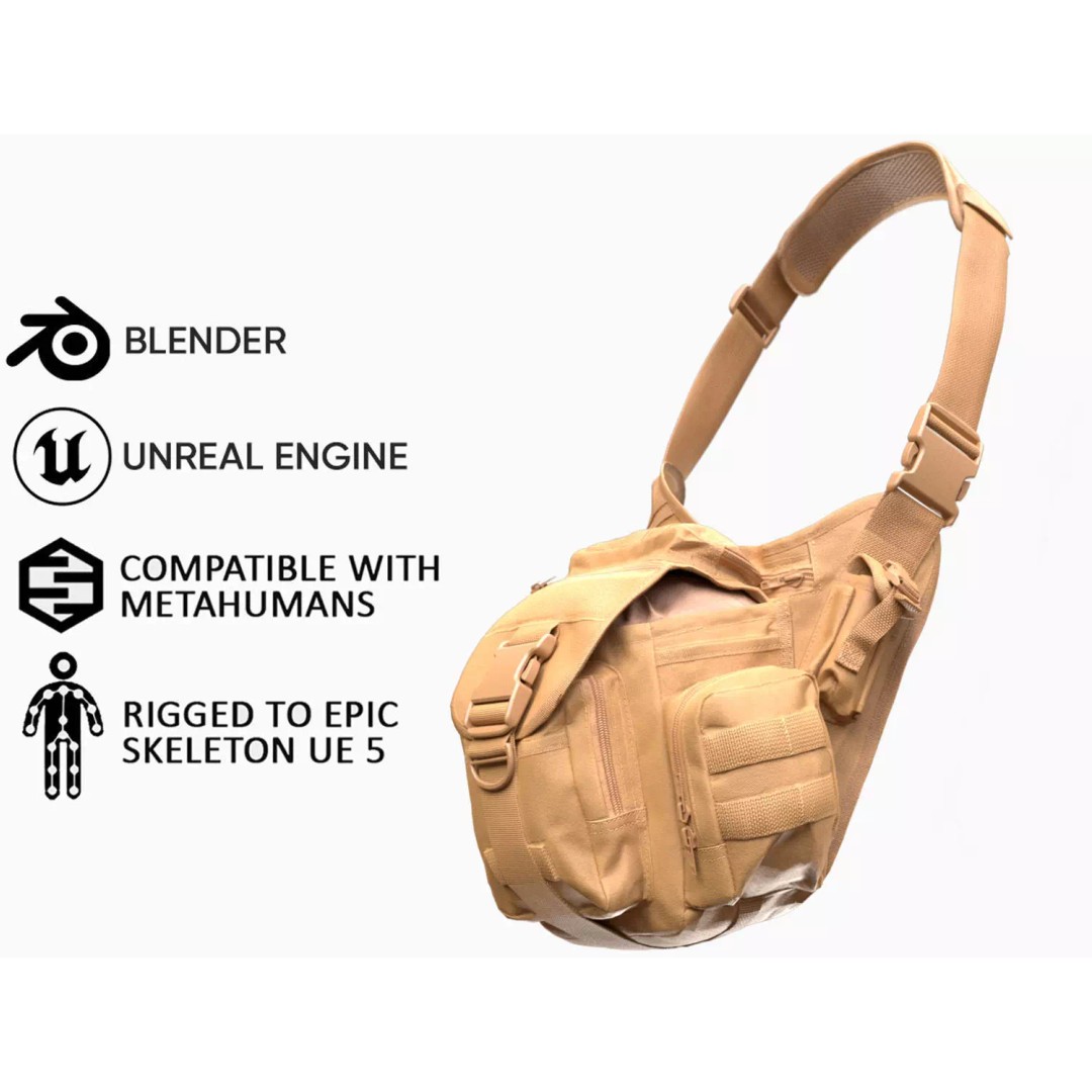 Tactical Shoulder Bag 126 3D Model – Rigged Low-Poly Asset for Metahumans - View 2