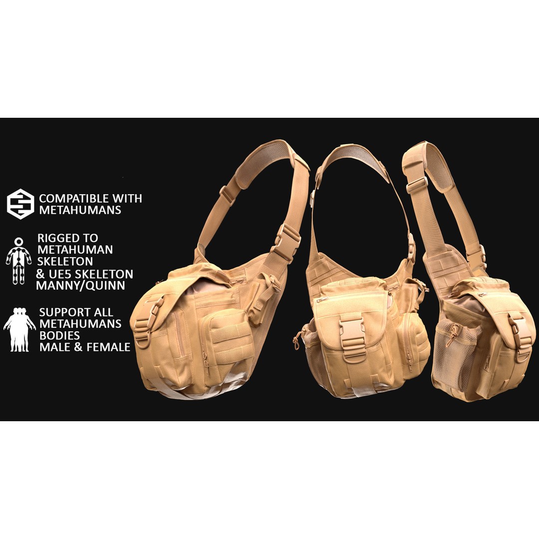 Tactical Shoulder Bag 126 3D Model – Rigged Low-Poly Asset for Metahumans - View 3