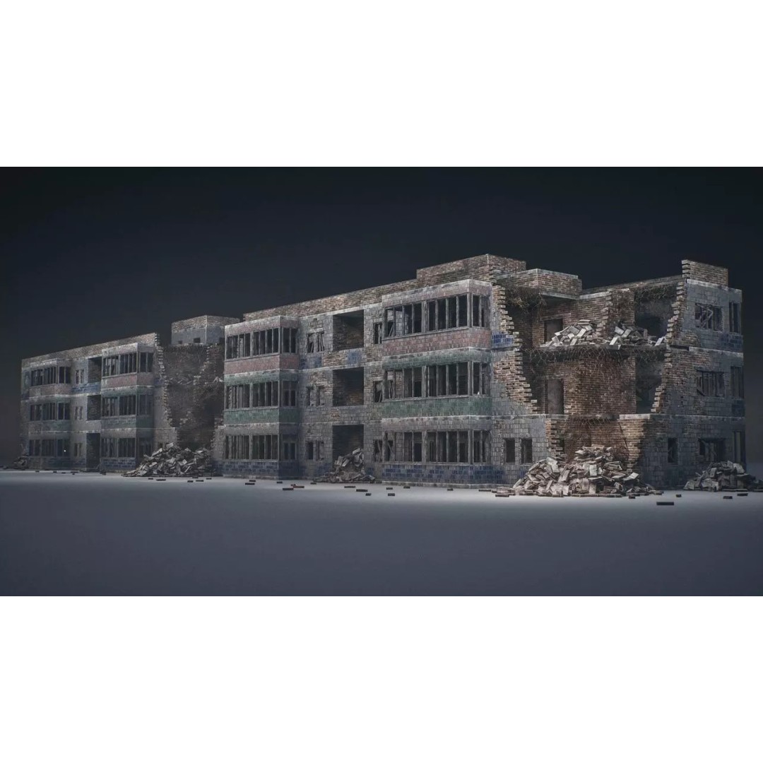 Modular Destroyed Buildings 3D Model – Low Poly Game Asset, FBX, PBR