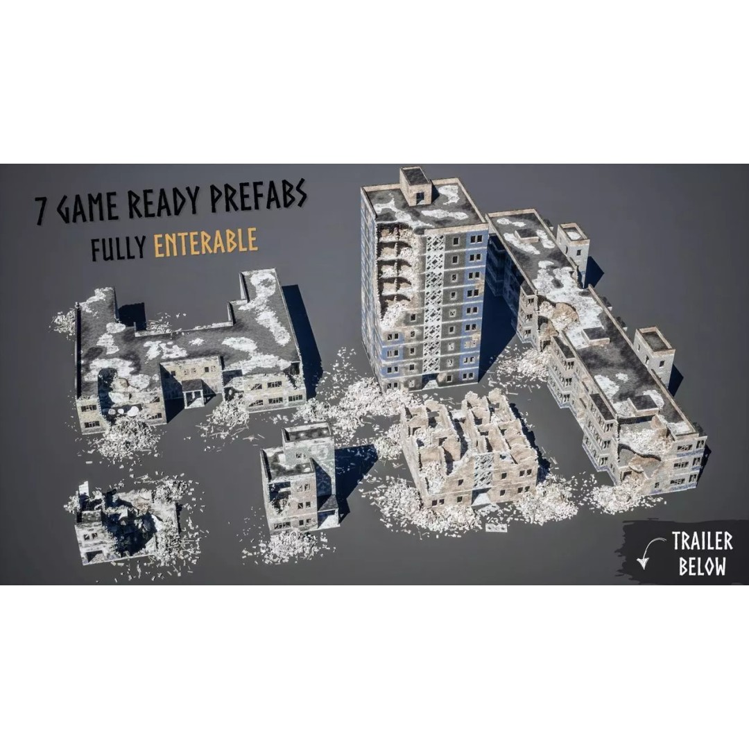 Modular Destroyed Buildings 3D Model – Low Poly Game Asset, FBX, PBR - View 2