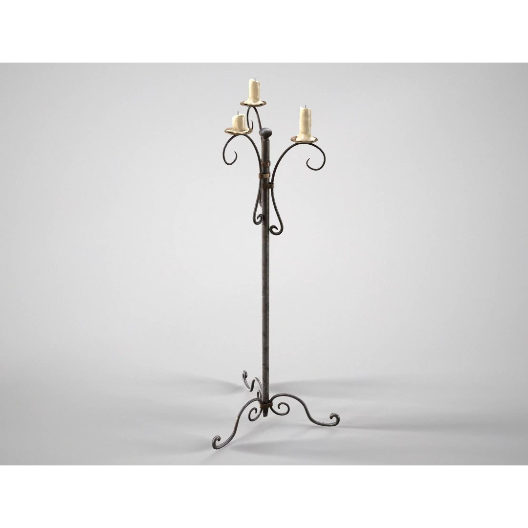 Antique Floor Candle Lamp 3D Model – Low Poly Medieval Decor, FBX - View 2