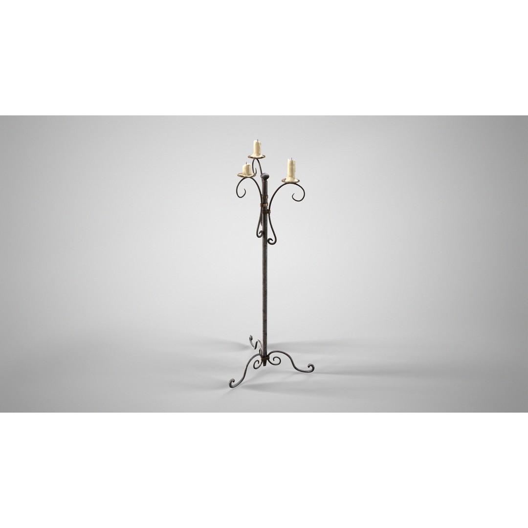 Antique Floor Candle Lamp 3D Model – Low Poly Medieval Decor, FBX - View 3