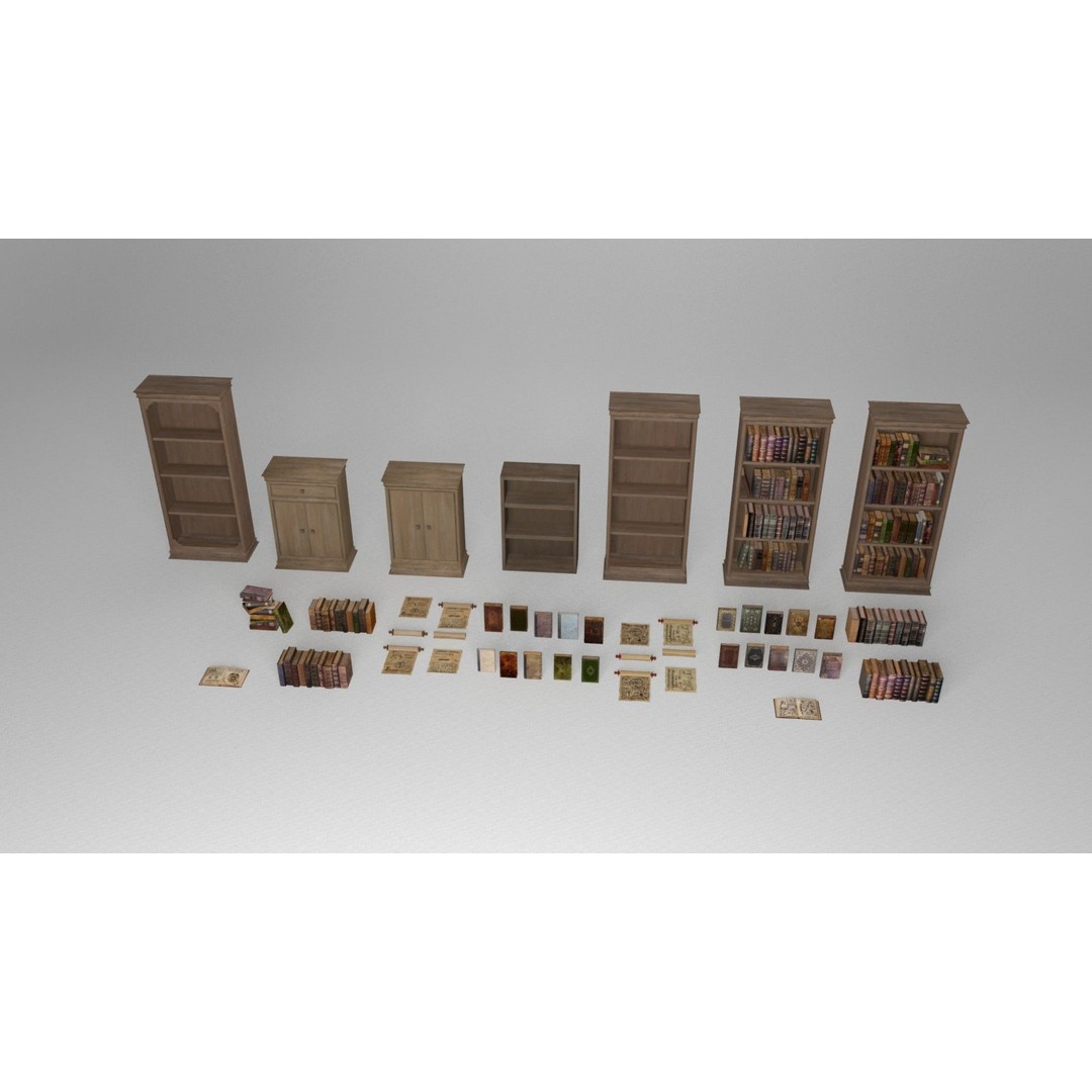 Ancient Books 3D Model – Low Poly Bookcases & Shelves, FBX - View 10